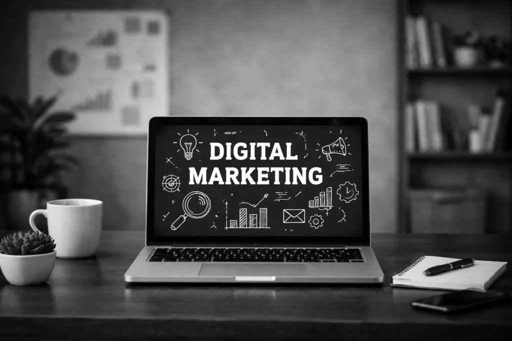 Digital marketing freelancer in Malappuram, Kerala working on laptop with digital marketing strategy and online business tools