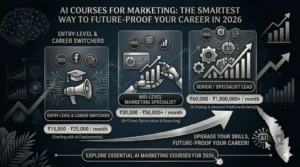 An infographic about AI courses for marketing as a way to future-proof careers in 2026, comparing salary and skill levels for entry-level, mid-level, and senior positions.