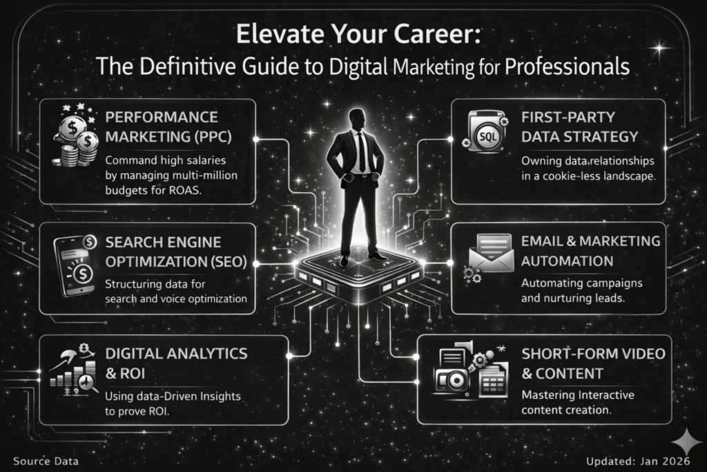 Digital marketing for professionals guide infographic highlighting SEO, PPC, analytics, content strategy, and marketing automation skills for career growth