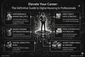 Digital marketing for professionals guide infographic highlighting SEO, PPC, analytics, content strategy, and marketing automation skills for career growth