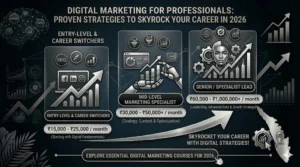 Infographic detailing digital marketing for professionals in 2026, showcasing career progression from entry-level to senior roles with corresponding monthly salary insights