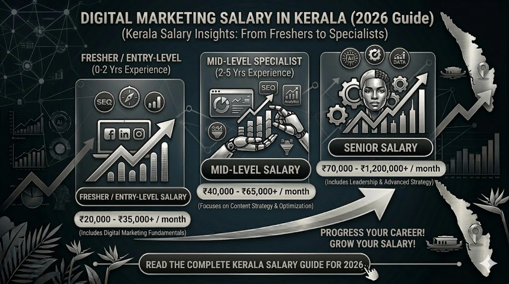 Comprehensive infographic showing digital marketing salary in kerala for 2026, detailing monthly income brackets for freshers, mid-level specialists, and senior leadership roles.