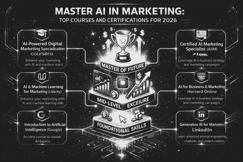 AI courses for marketing infographic showcasing top certifications, digital marketing specializations, and career growth roadmap for 2026