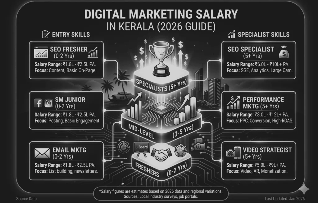 Digital marketing salary in Kerala 2026 guide infographic showing fresher, mid-level, and specialist salary ranges and career growth path
