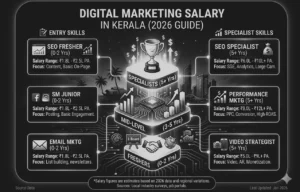 Digital marketing salary in Kerala 2026 guide infographic showing fresher, mid-level, and specialist salary ranges and career growth path