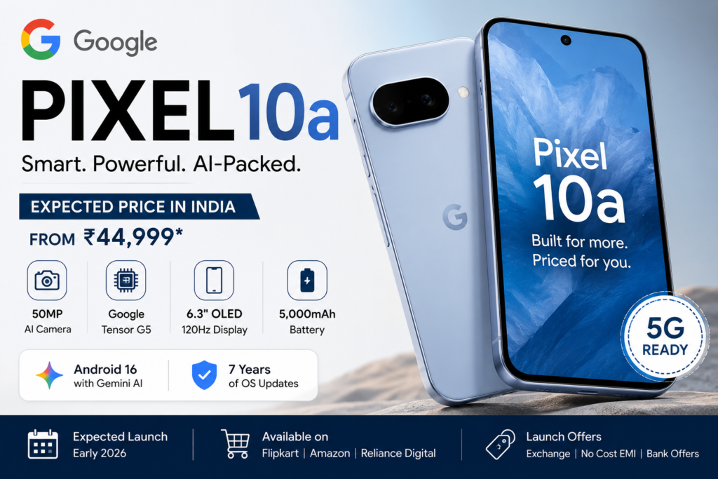 Google Pixel 10a smartphone promotional banner showcasing the expected price in India, 50MP AI camera, Google Tensor G5 processor, 6.3-inch 120Hz OLED display, 5,000mAh battery, Android 16 with Gemini AI, 5G support, and expected launch offers.